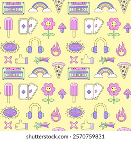 Seamless pattern with vintage Multicolored elements on yellow background. Retro illustration with outline in 90s style. Vector illustration.