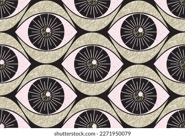 Seamless pattern with vintage new age print. Sketchy texture with a mystical pattern of open eyes. Trendy graphic background design with a magical vibe. Vector illustration.
