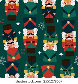 Seamless pattern with vintage nutcrackers. Old fashioned Russian nutcracker Christmas toy. Hand drawn vector illustration