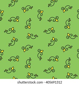 Seamless Pattern. Vintage ornament. Green flash, buttercup and black color. Vector illustration. 