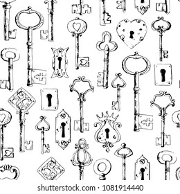 Seamless pattern with vintage ornate forged keys and keyholes. Sketchy style. Vector illustration.