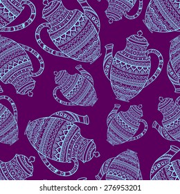 Seamless pattern with vintage ornate teapot. Hand drawing kettle. Blue on the violet.
