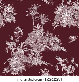 Seamless Pattern Vintage Outline Lithograph Illustration Of Jungle Tropical Palms Exotic Plants On Islands With Mountains In Ocean Hawaiian Print White On Brown Background