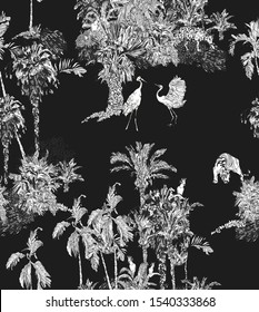 Seamless Pattern Vintage Outline Lithography of Tropics, Tropical Palms Rainforest Exotic Plants with Crane Birds, Leopard, Sloth, Tiger, Parrots, Night Jungle Textile Design White on Black Background