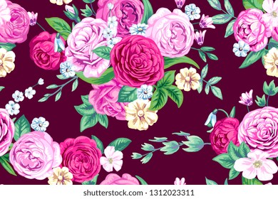 Seamless pattern with vintage pale roses 