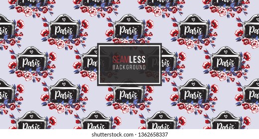Seamless pattern with vintage Paris signboard with rose flowers. French symbols hand drawn illustrations. Watercolor style vector background.