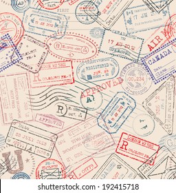 Seamless pattern with vintage passport stamps