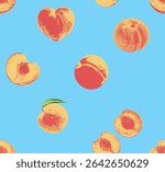 Seamless pattern of vintage peach illustrations on light blue background. Perfect for textile design, summer-themed wrapping paper, or fruit decor wallpaper.