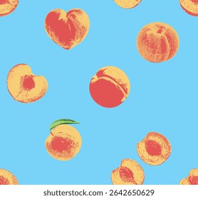 Seamless pattern of vintage peach illustrations on light blue background. Perfect for textile design, summer-themed wrapping paper, or fruit decor wallpaper.