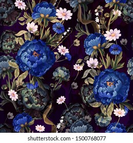 Seamless pattern with vintage peonies oil painting. Vector.