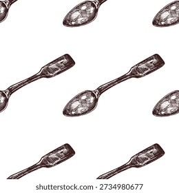 Seamless pattern of vintage perforated spoon in hand drawn sketch style. Monochrome kitchen utensil for retro culinary prints, wrapping, food packaging, restaurant decoration and surface design.