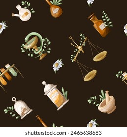 Seamless pattern vintage pharmacy medicine items. Freehand drawing, isolate on white background, vector