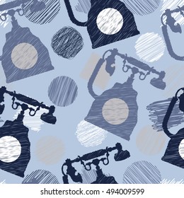 Seamless pattern with vintage phone and scribble elenents. Hand drawn vector illustration