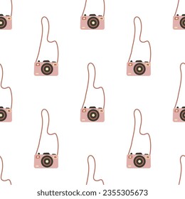 Seamless pattern with vintage photo cameras. Nostalgic 70s-90s vibes
