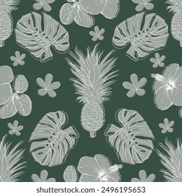 Seamless pattern vintage with pineapple and hibiscus flowers monstera green leaf background.Vector illustration hand drawing. Fabric pattern print design.