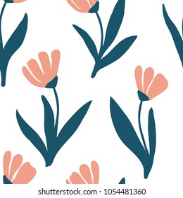 Seamless pattern with vintage pink hand drawn flowers. Modern and original textile, wrapping paper, wall art design. Vector illustration. Floral simple minimalistic graphic design