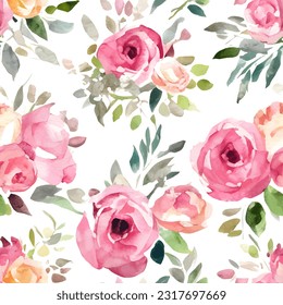 Seamless pattern vintage pink roses on white background. Vector watercolor print for textile design or wrapping paper