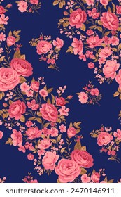 Patrón sin costura con rosas rosadas vintage para telas de vestidos de verano sobre fondo azul