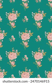 Patrón sin costura con rosas rosadas vintage y Pequeñas flores del bosque para telas de vestir de verano sobre fondo verde