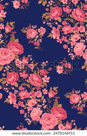 Seamless pattern with vintage pink roses for summer dress fabrics on blue background