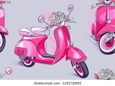 Seamless pattern. Vintage pink scooter with a flowers on a gray background. Textile composition, hand drawn style print. Vector illustration.