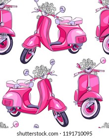 Seamless pattern. Vintage pink scooter with a flowers on a white background. Textile composition, hand drawn style print. Vector illustration.