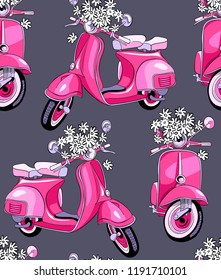 Seamless pattern. Vintage pink scooter with a flowers on a gray background. Textile composition, hand drawn style print. Vector illustration.