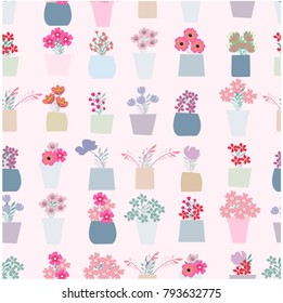 Seamless pattern vintage pink spring summer romantic rose peony flower pot, sweet pastel jungle leave pattern style,for wedding or valentine card background,freehand doodle art illustration vector