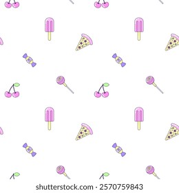 Seamless pattern with vintage pizza and ice cream in style of 90s. Multicolored elements on white background. Retro illustration with outline in 90s style. Vector illustration.