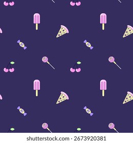 Patrón sin fisuras con pizza vintage y helado en estilo de los años 90. Elementos multicolores sobre fondo oscuro. Ilustración retro con contorno en estilo de los años 90. Ilustración vectorial.