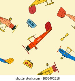 Seamless pattern with vintage planes and luggage in cartoon style on beige background.