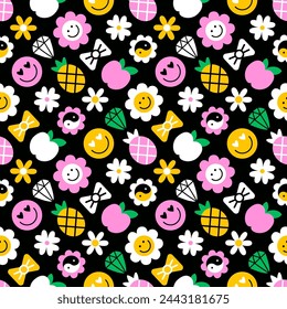 Seamless pattern of vintage plastic beads. Nostalgic 90s retro style hand drawn flower, fruit and crystal background. EPS 10 vector backdrop.