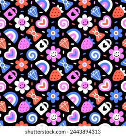 Seamless pattern of vintage plastic beads. Nostalgic 90s retro style hand drawn flower, heart, strawberry, lock and crystal background. EPS 10 vector backdrop.