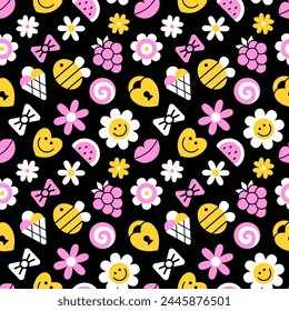 Seamless pattern of vintage plastic beads. Nostalgic 90s retro style hand drawn bees, bows, flowers, hearts, lips, grapes and sundae background. EPS 10 vector backdrop.