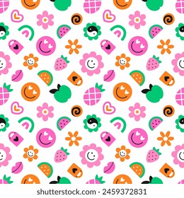 Seamless pattern of vintage plastic beads. Nostalgic 90s retro style hand drawn flowers, fruits and lips background. EPS 10 vector backdrop.