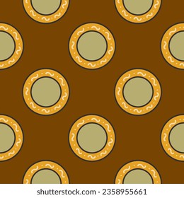 Seamless pattern with vintage plates on brown background. Kitchen utensils, tableware in old style. Colorful vector illustration hand drawn doodle with contour. Print for textile or paper, wrapping