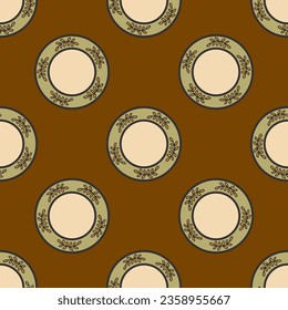 Seamless pattern with vintage plates on brown background. Kitchen utensils, tableware in old style. Colorful vector illustration hand drawn doodle with contour. Print for textile or paper, wrapping