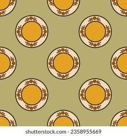 Seamless pattern with vintage plates on green background. Kitchen utensils, tableware in old style. Colorful vector illustration hand drawn doodle with contour. Print for textile or paper, wrapping