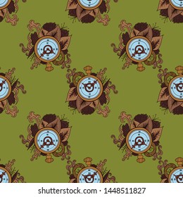 Seamless pattern with vintage pocket watch with leaves and snake in brown and green colors. Great for tattoo or print. Business card about deadline.