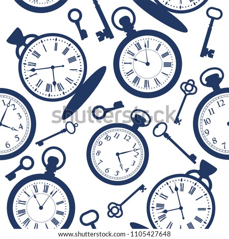 Seamless pattern with vintage pocket watch and keys. Vector illustration.