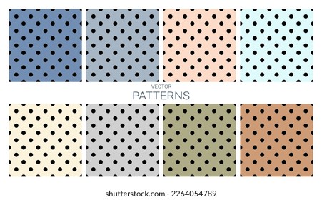 Seamless pattern. Vintage polka dot pattern on trendy pastel backgrounds. Black polka dots for textiles, wrapping paper, banners, printing, packaging, etc. Vector illustration