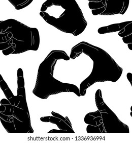 Seamless pattern with vintage print with human hand gestures and signs. Gestures meaning Okay, Rock and Roll, pointer, a hand showing symbol Like. Vector illustration. 
