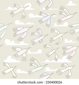Seamless pattern. Vintage print, paper wallpaper, fabric printing. Pale colored cute cartoon birds fly on a neutral background with clouds.