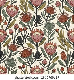 Seamless pattern of vintage protea and banksia flowers in muted earthy tones