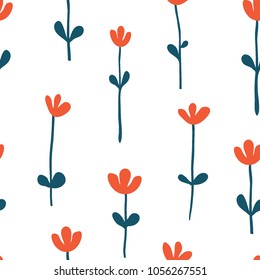 Seamless pattern with vintage red hand drawn flowers. Modern and original textile, wrapping paper, wall art design. Vector illustration. Floral simple minimalistic graphic design
