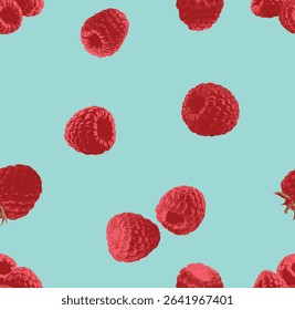 Seamless pattern of vintage red raspberry illustrations on light blue background. Perfect for textile prints, kitchen decor, wrapping paper, or summer-themed backgrounds.