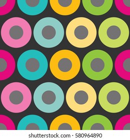 Seamless pattern with a vintage and retro look created by colorful circles. Nice pattern design for women's clothing or wall decoration. Easy to print on fabric or paper. Stock vector.