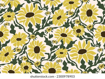 Seamless pattern with vintage retro sunflowers on white background. Vector 70s style illustration for print.