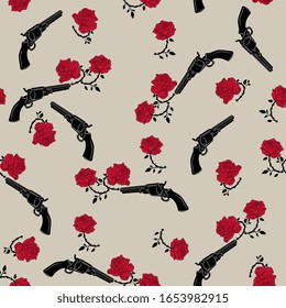 Seamless pattern with vintage revolvers and red roses. Romantic concept for love and passion.