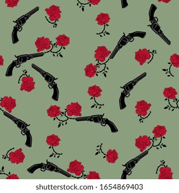 Seamless pattern with vintage revolvers and red roses. Romantic concept for love and passion.